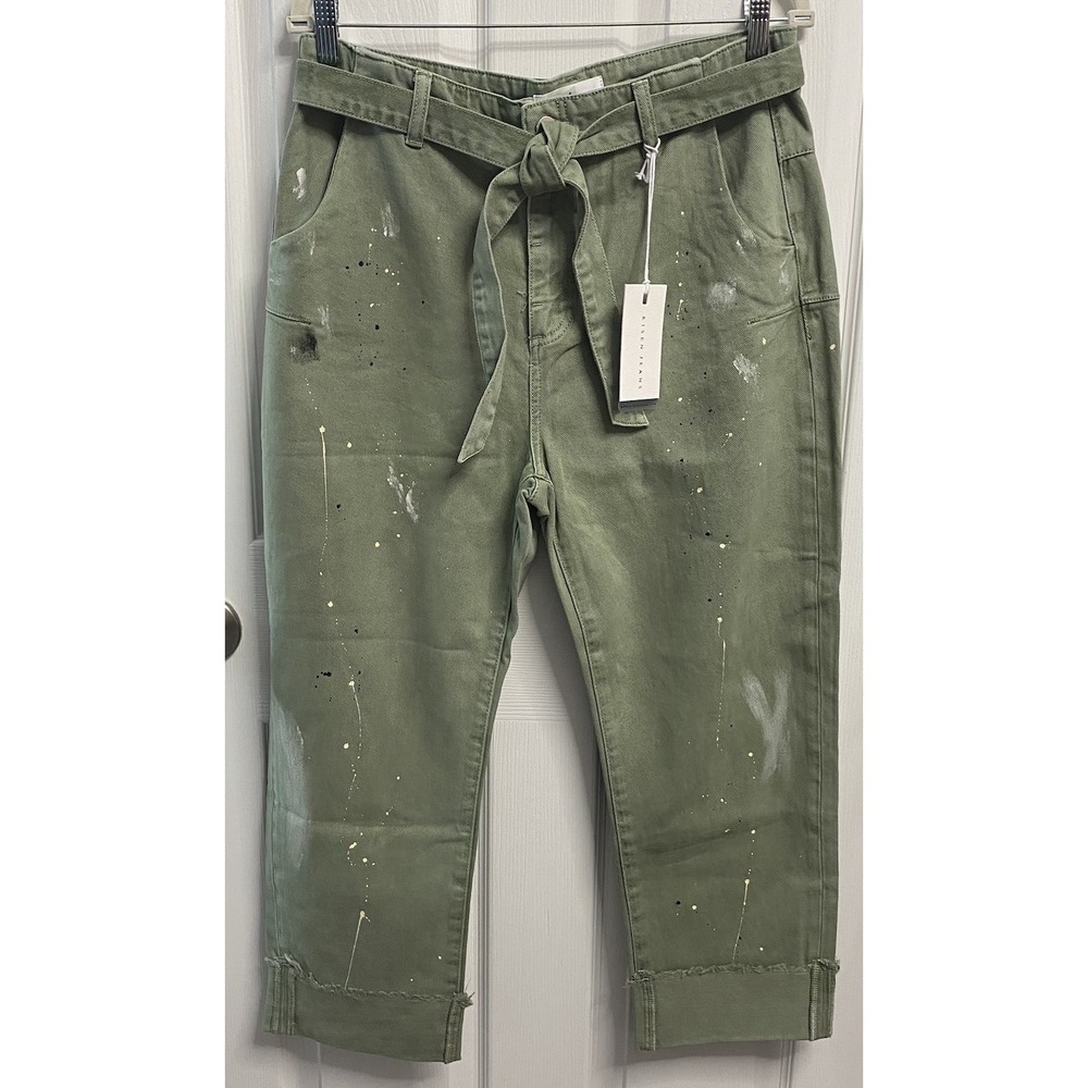 Risen LA Women Paint Splatter Jean Art Distressed Cuffed Olive Green NWT 13/30W